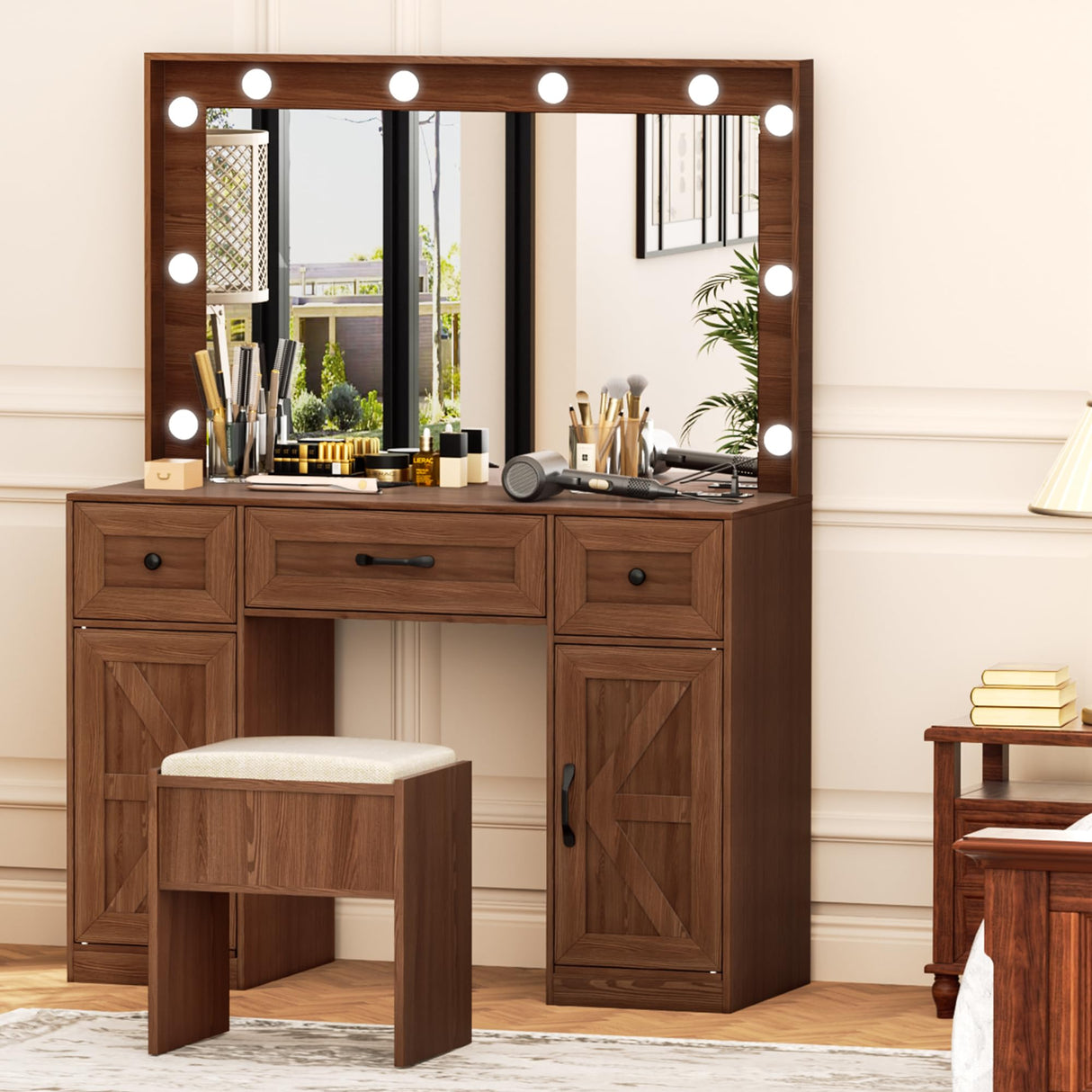 Crownland Vanity with Lighted Mirror, Makeup Vanity Table Set with Drawers and Charging Station, Vanity Desk with 3 Adjustable Lighting Modes and Stool Set(Brown) Crownland