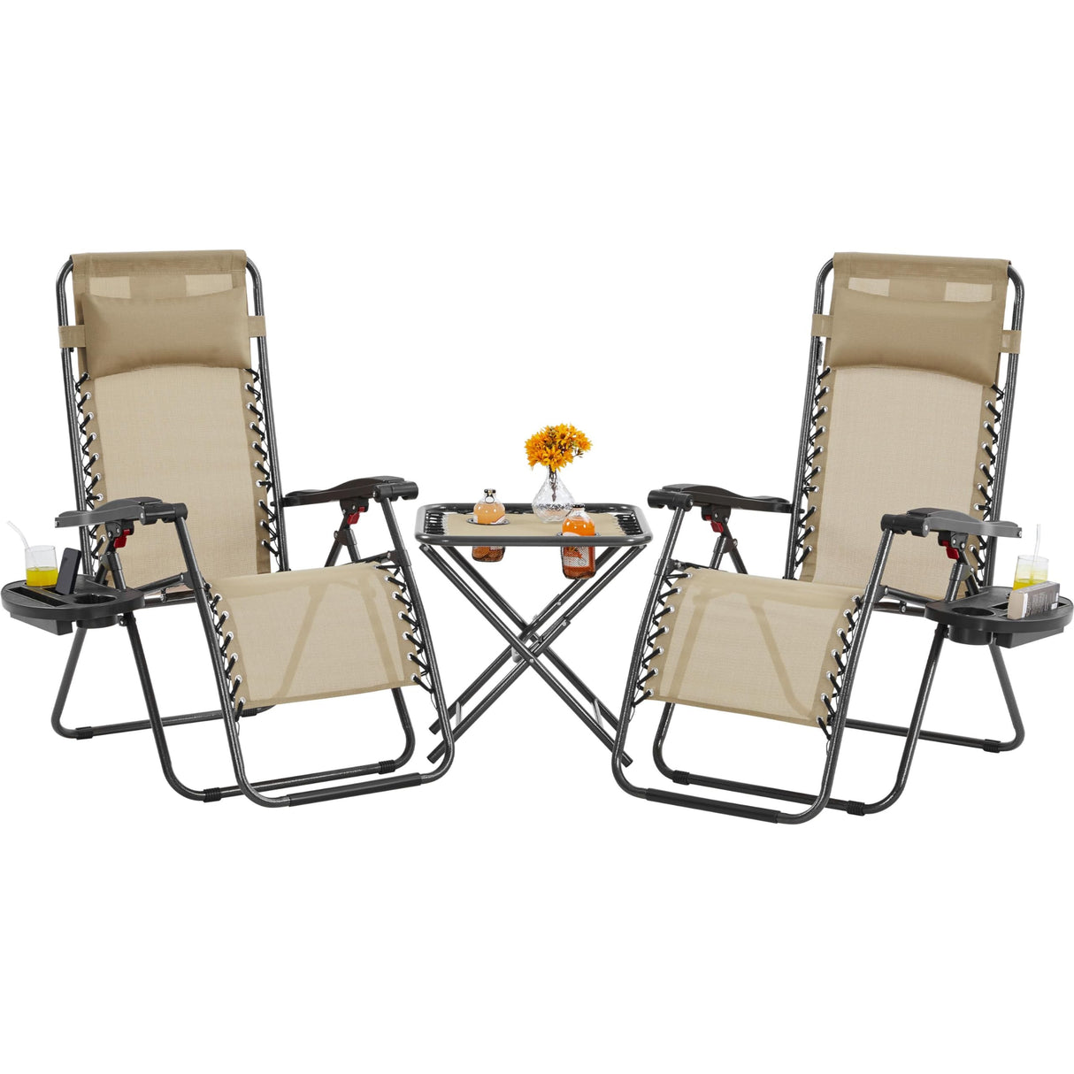 Yaheetech 3PCS Zero Gravity Recliner Portable Outdoor Reclining Chair Set w/Side Table Folding Chaise Lounge Chairs for Patio Beach Deck Garden Pool Beige Yaheetech