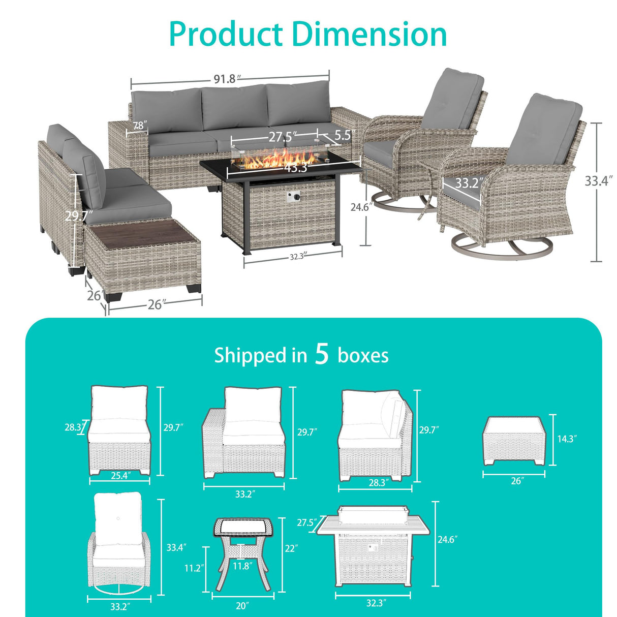 Muphyers 10-Piece Outdoor Patio Furniture Set with Rocking Swivel Chair, PE Wicker Rattan Sectional Sofa Patio Conversation Set with 55,000 BTU Fire Pit Table & Coffee Table, Grey Muphyers
