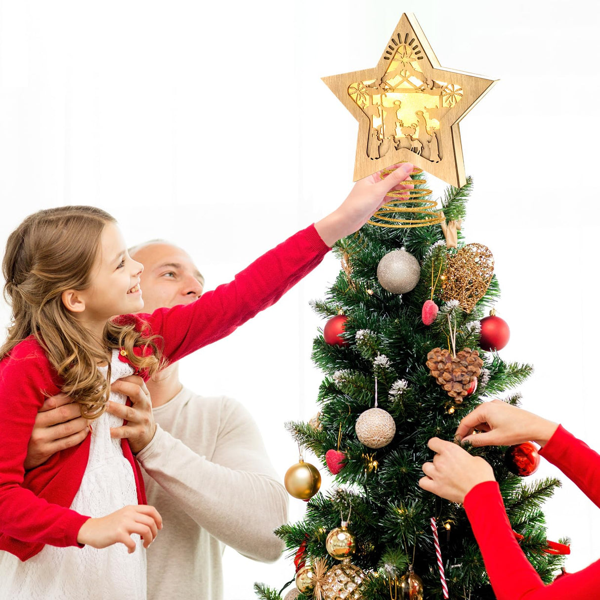 Nativity Christmas Tree Topper Lighted Star Tree Topper Treetop for Christmas LED 3D Nativity Theme Christmas Tree Decorations Wooden Treetop Xmas Tree Decor Ornaments Nativity Tabletop 10 X 8.5 in Justforjoyful