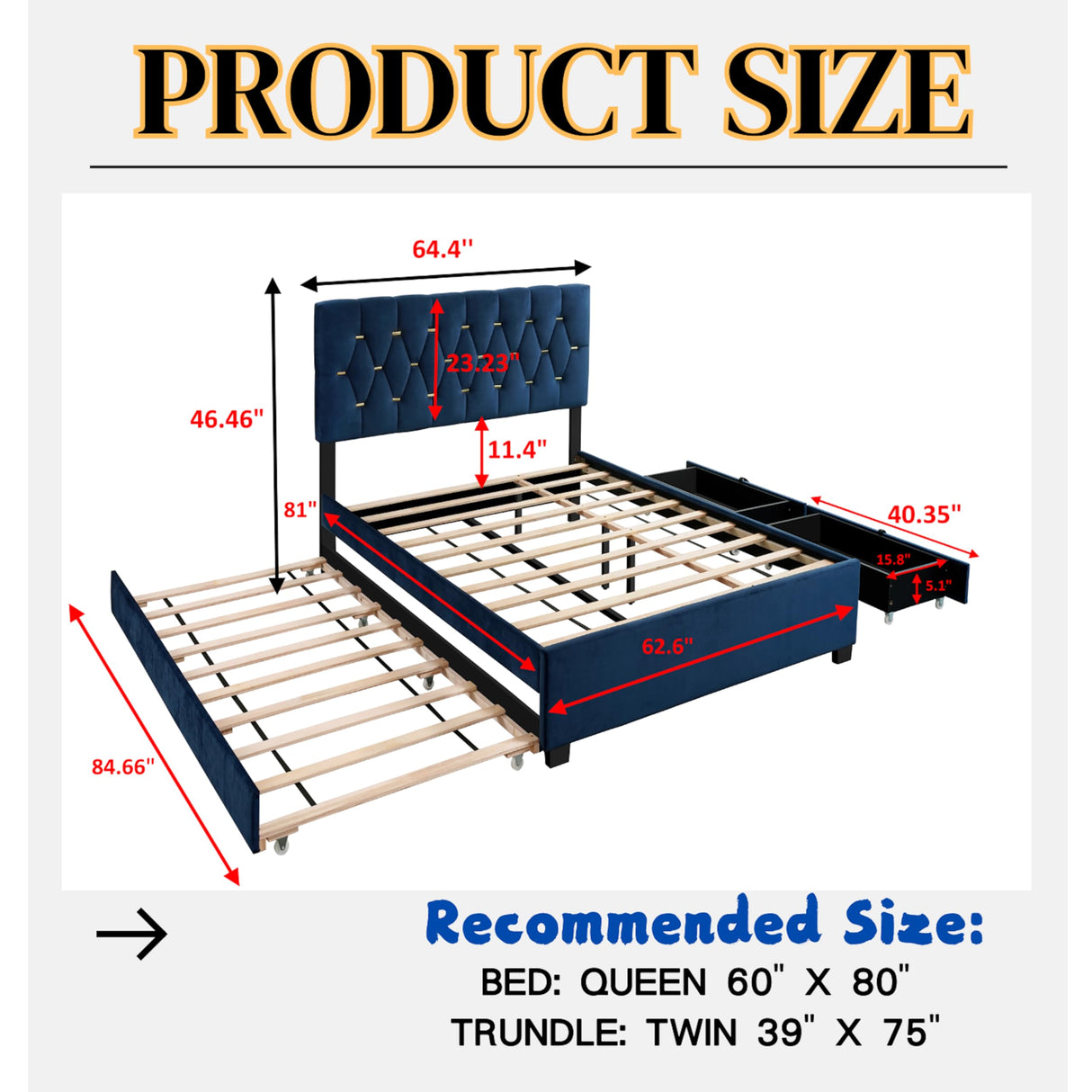KEIKI Upholstered Queen Size Platform Bed with Trundle and Drawer, Velvet Fabric Bed Frame with Wood Slats/Save Space for Kids Teens Adults Bedroom, Modern Design, No Spring Box Required, Blue KEIKI