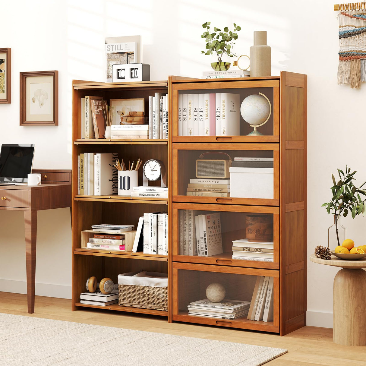 Giantex 4-Tier Bookcase with Clear Doors, 55" Bamboo Bookshelf with Flip-up Acrylic Doors, Freestanding Cube Storage Organizer with Shelves, Solid Wooden Display Cabinet for Living Room, Study, Brown Giantex