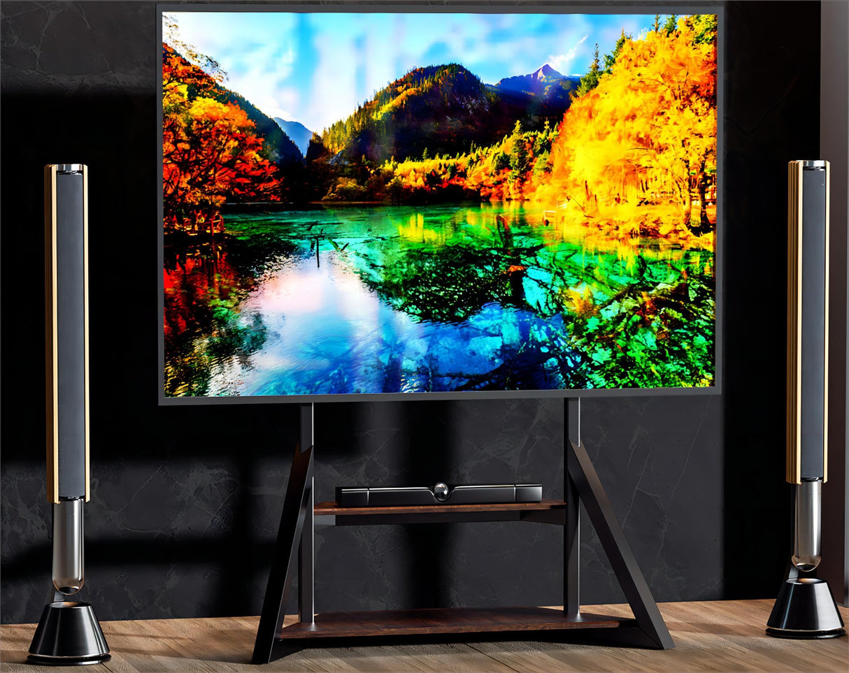 unho TV Stand with Mount, for 65 to 100 inch Large LCD/LED Flat Curved Screen Adjustable Heights Bracket Heavy Duty 2 Wooden Shelves Base VESA 800x600mm Max.Load Bearing 100kg unho