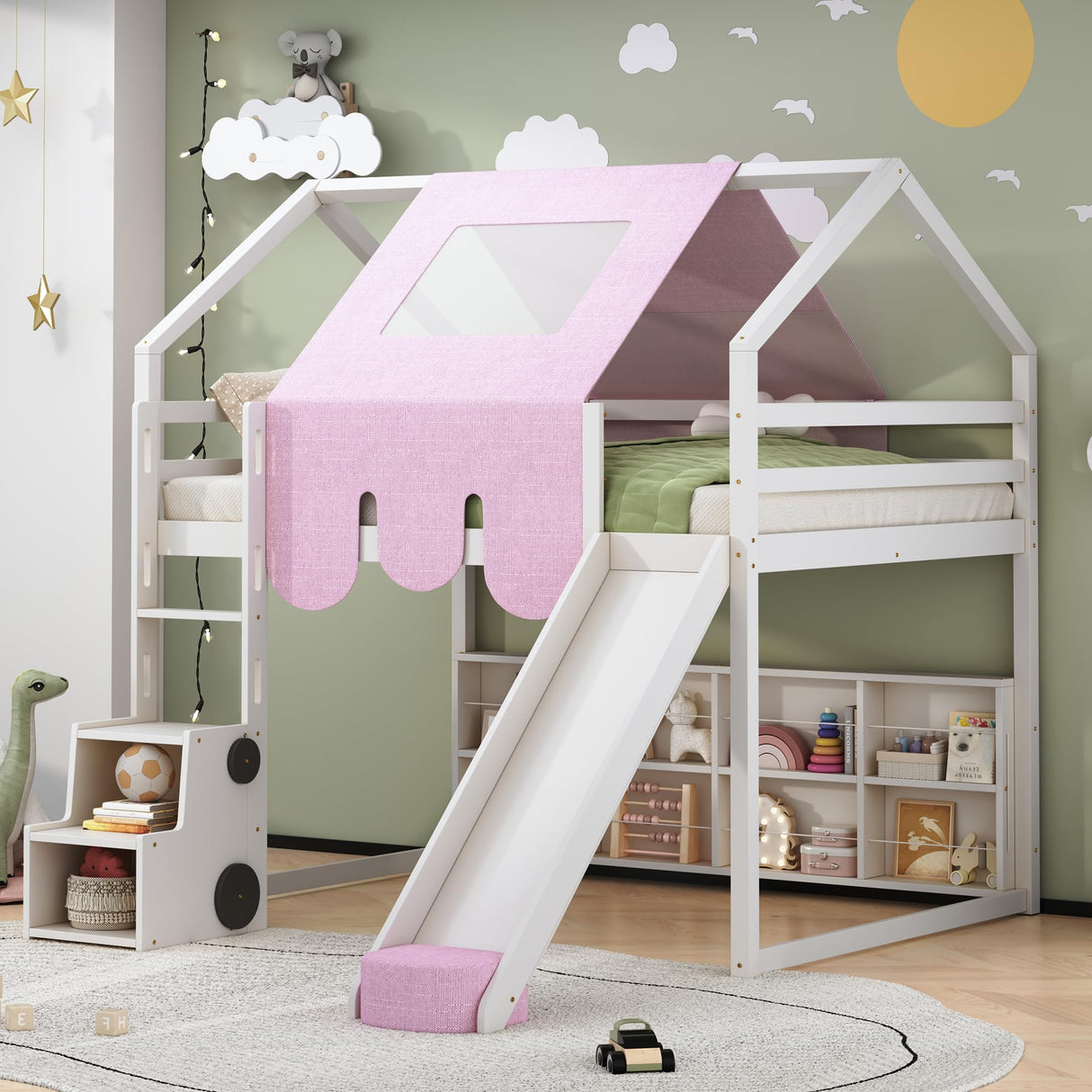 Kids Loft Bed Full Size, Full Loft Bed with Slide and Ladder, Kids House Loft Bed with Storage Shelf and Removable Tent, Full Size Loft Bed for Girls, Boys(Full White Pink) Bellemave