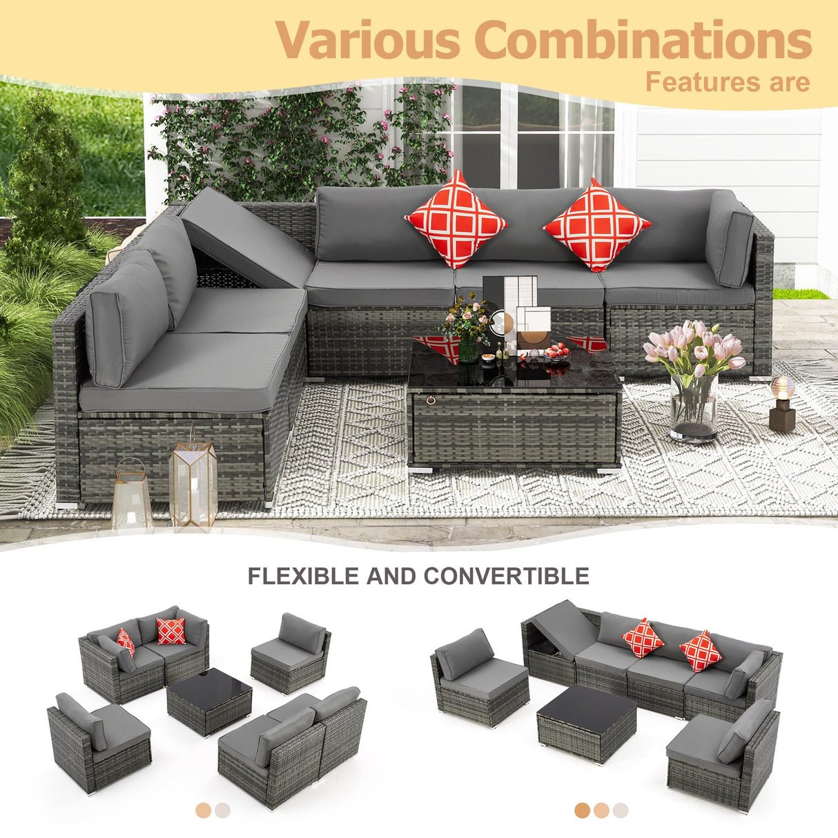 HOMREST 7 Piece Patio Furniture Set with Adjustable Bracket All-Weather Wicker Conversation Set with Coffee Table for Porch Garden Backyard (Gray) HOMREST