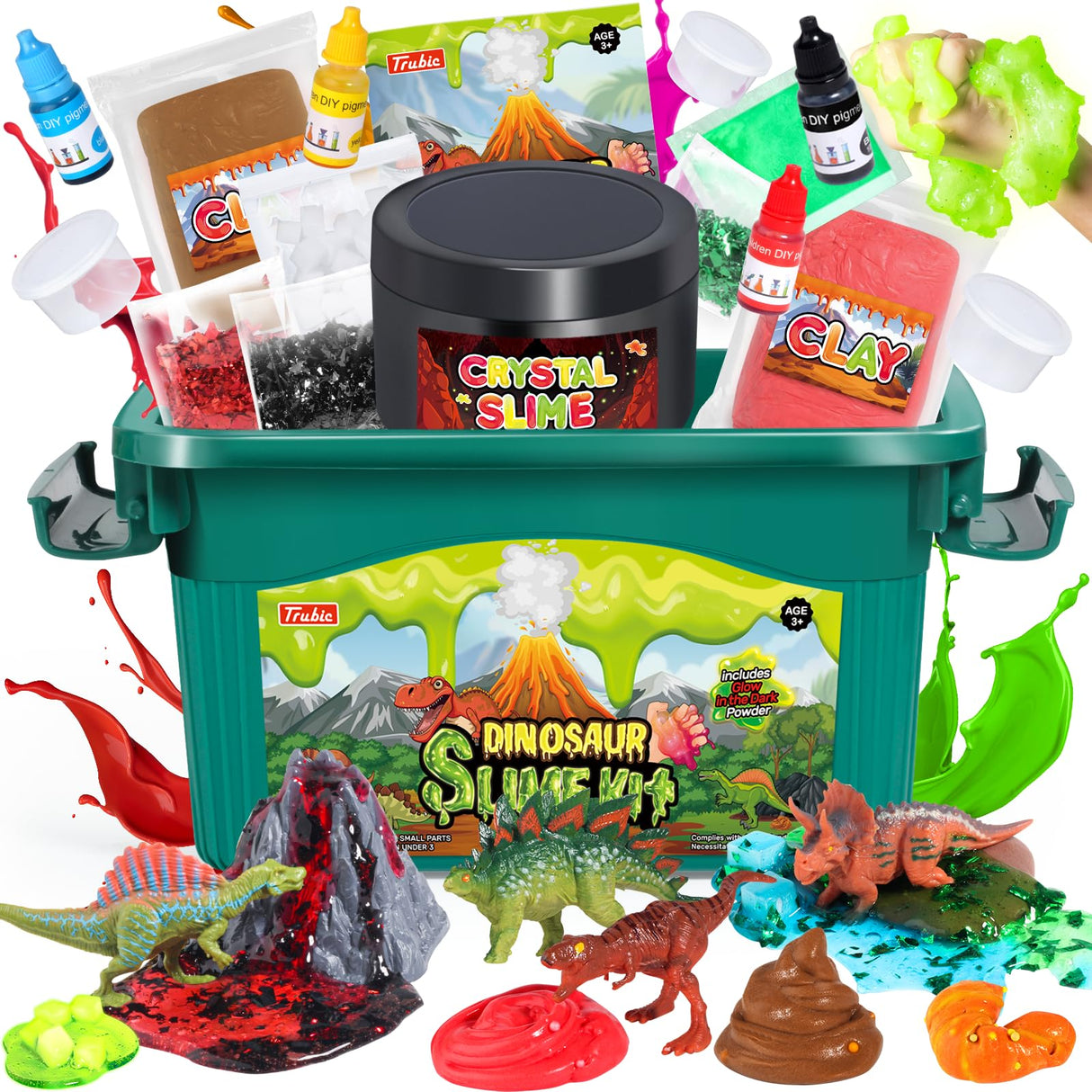 Trubic Dinosaur Slime Making Kit for Boys, Butter and Crystal Slime, Glow in The Dark and Add-ins with Storage Box, Dino Figurines with Lava, DIY Birthday Party Favors Gift Toys for Kids 6-12 Trubic