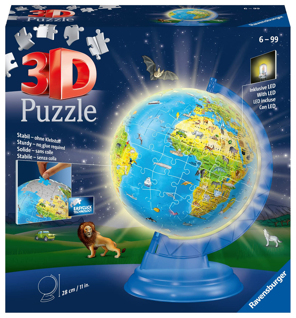 Ravensburger Children’s Globe Night Edition 3D Jigsaw Puzzle - 180 Piece Set | Features LED Light | Interactive and Educational Toy | Ideal for Kids and Adults | Model 11288 Ravensburger