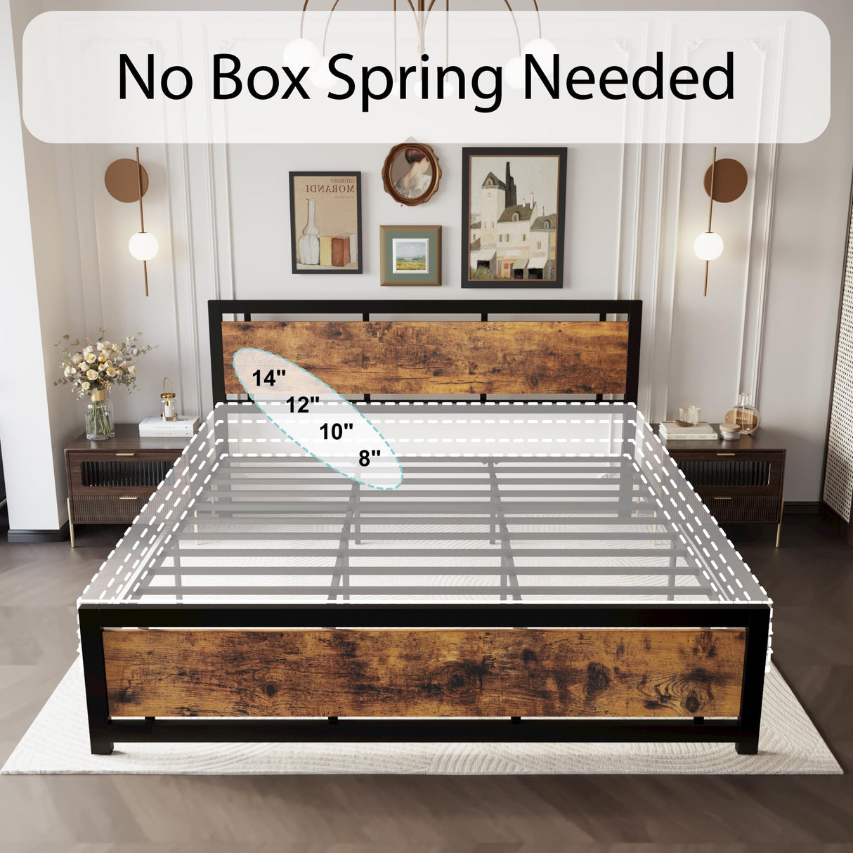 LIKIMIO Industrial King Bed Frame with Vintage Wood Headboard and 12 Strong Metal Legs - Easy Assembly, No Box Spring Needed LIKIMIO