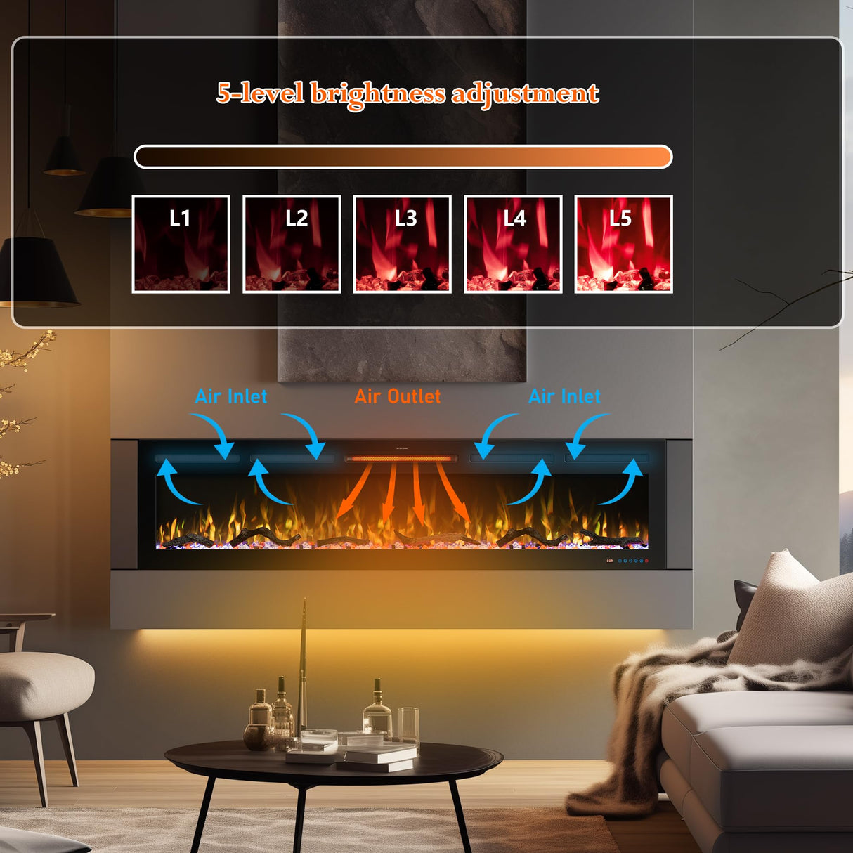 Velaychimney 60" Smart WiFi Electric Fireplace Insert, 13 Flame & Fuel Bed with Automatic Cycle, Fireplace Heater with APP Control & Thermostat, Timer, Recessed and Wall Mounted Velaychimney