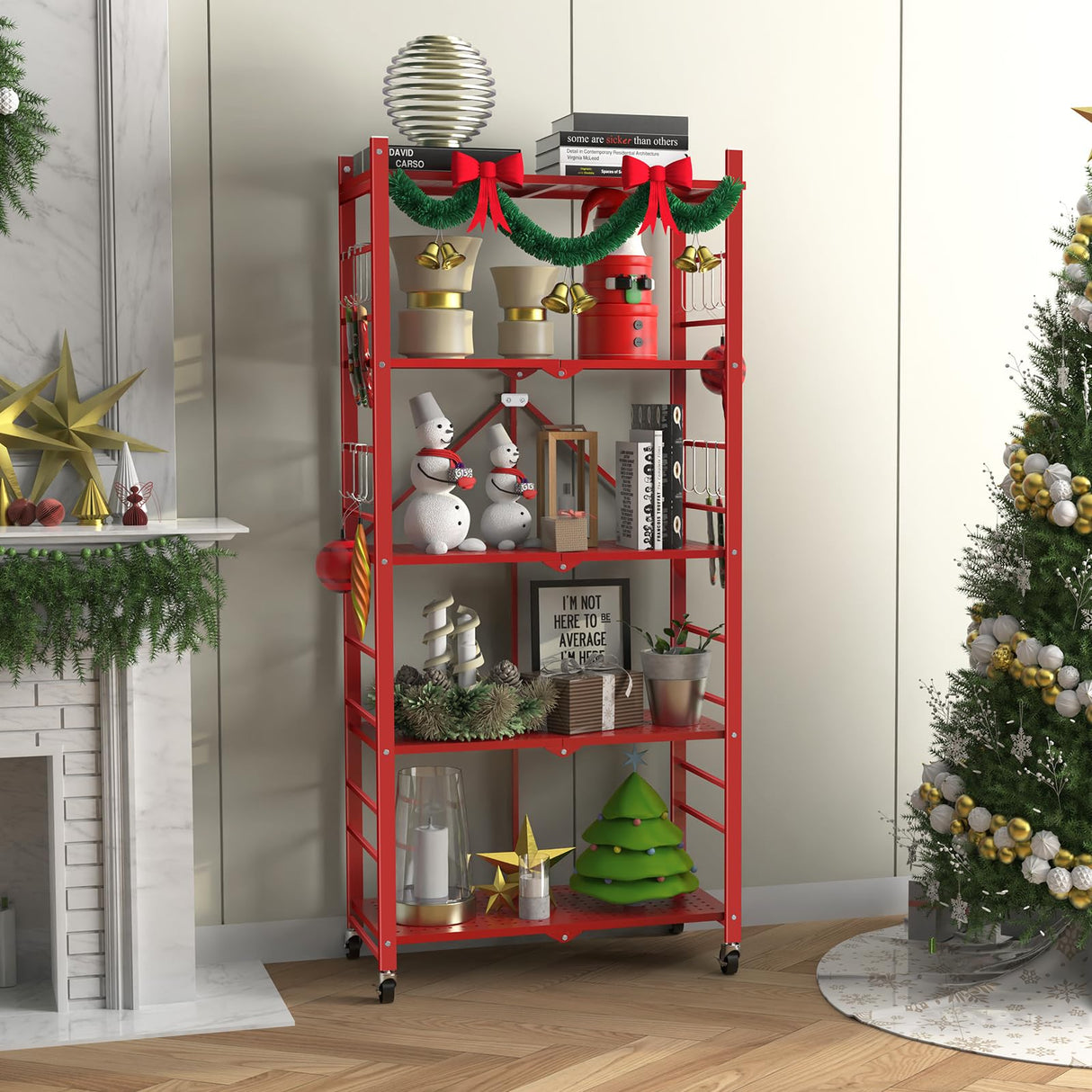 Storage Shelves with 20 Hooks, 5-Tier Foldable Shelves for Storage, Folding Utility Shelf Unit Pantry Shelves with Wheels, Metal Shelving Unit Rack for Kitchen Garage Home Office Room - No Assembly Himix