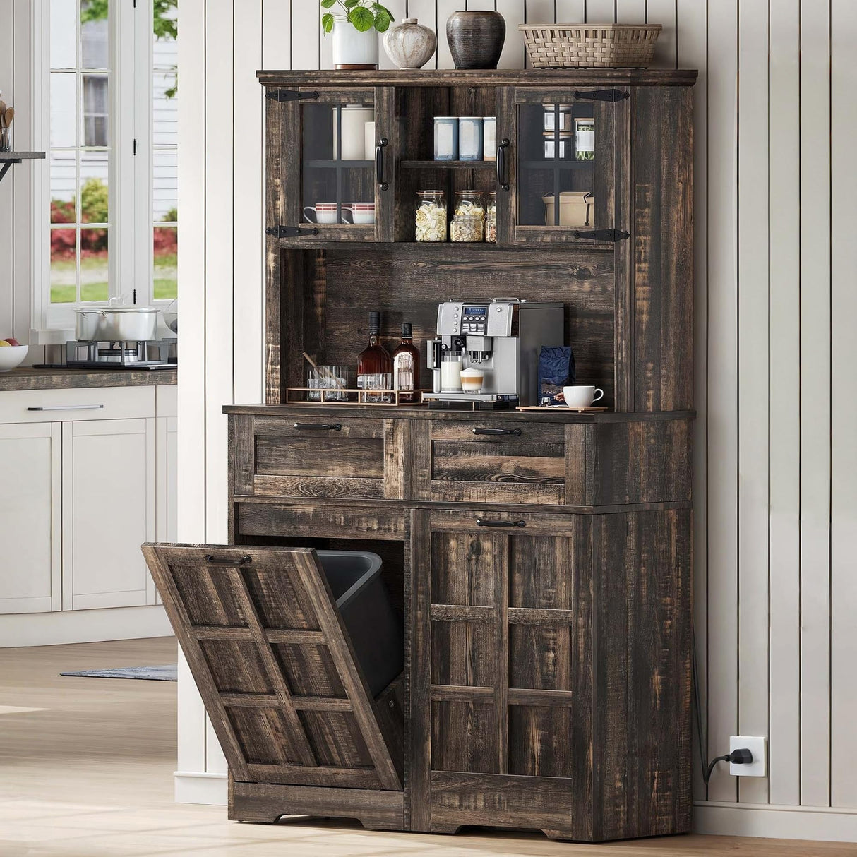 DWVO Kitchen Pantry Storage Cabinet with Tilt-Out Trash Can Fit 10 Gallon, Tall Farmhouse Kitchen Hutch Cabinets with Charging Station & Microwave Stand for Home Living Dining Room, Dark Rustic Oak DWVO