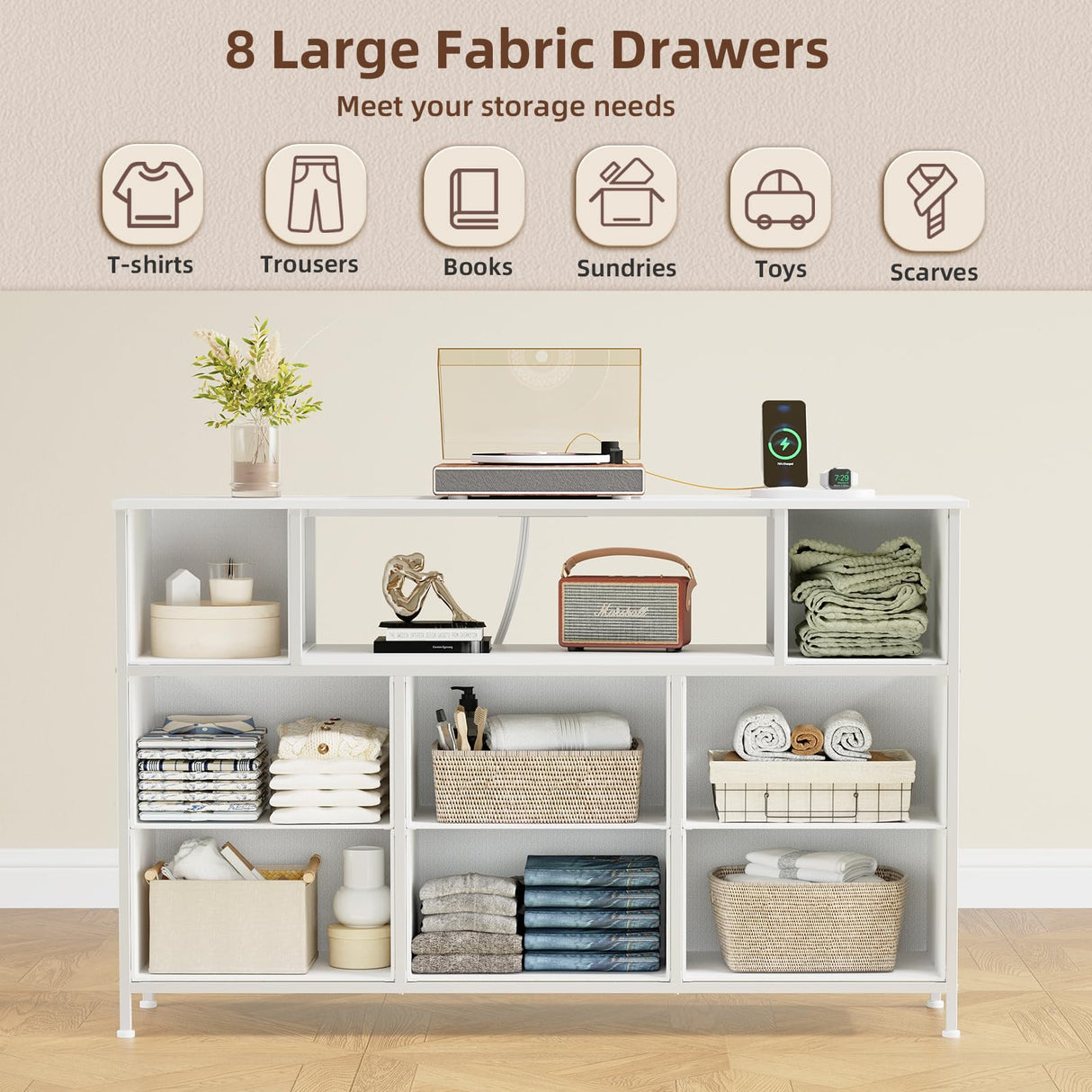 Somdot White TV Stand, Dresser for Bedroom for 55 inch TV with Charging Station and LED Lights, Media Console Table with 8 Drawers, Open Shelf, Adjustable Feet,Living Room Furniture Somdot