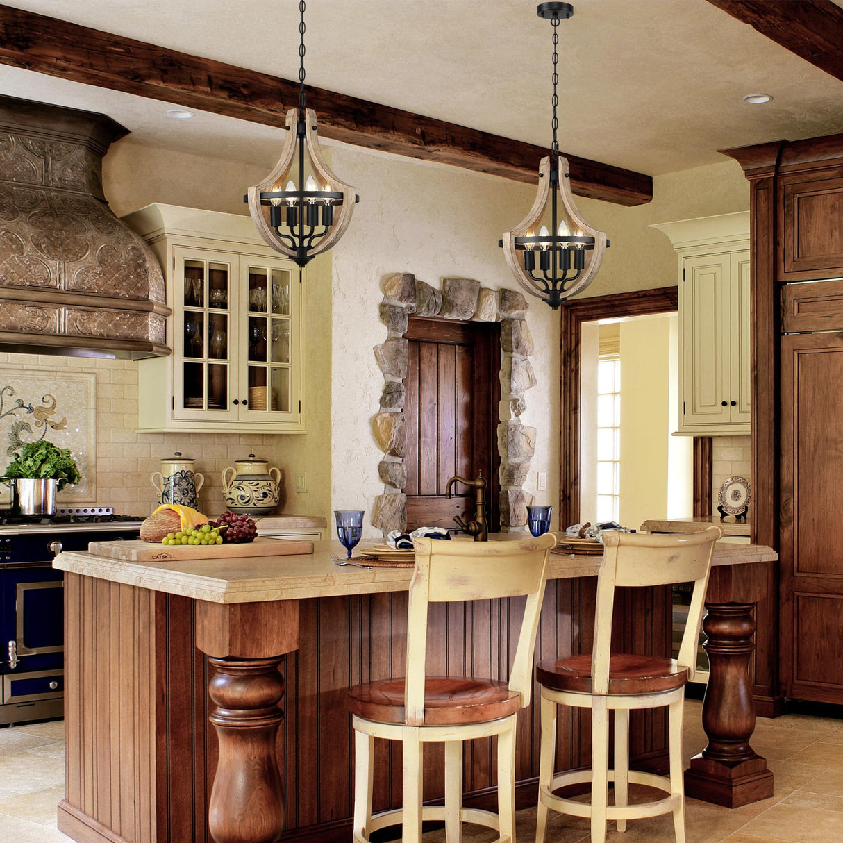 4-Light Farmhouse Dining Room Light Fixture, Adjustable Height Hanging Wood Vintage Pendant Lights for Kitchen Island Hallway Foyer Entryway Breakfast Area Bedroom Klgxnrd