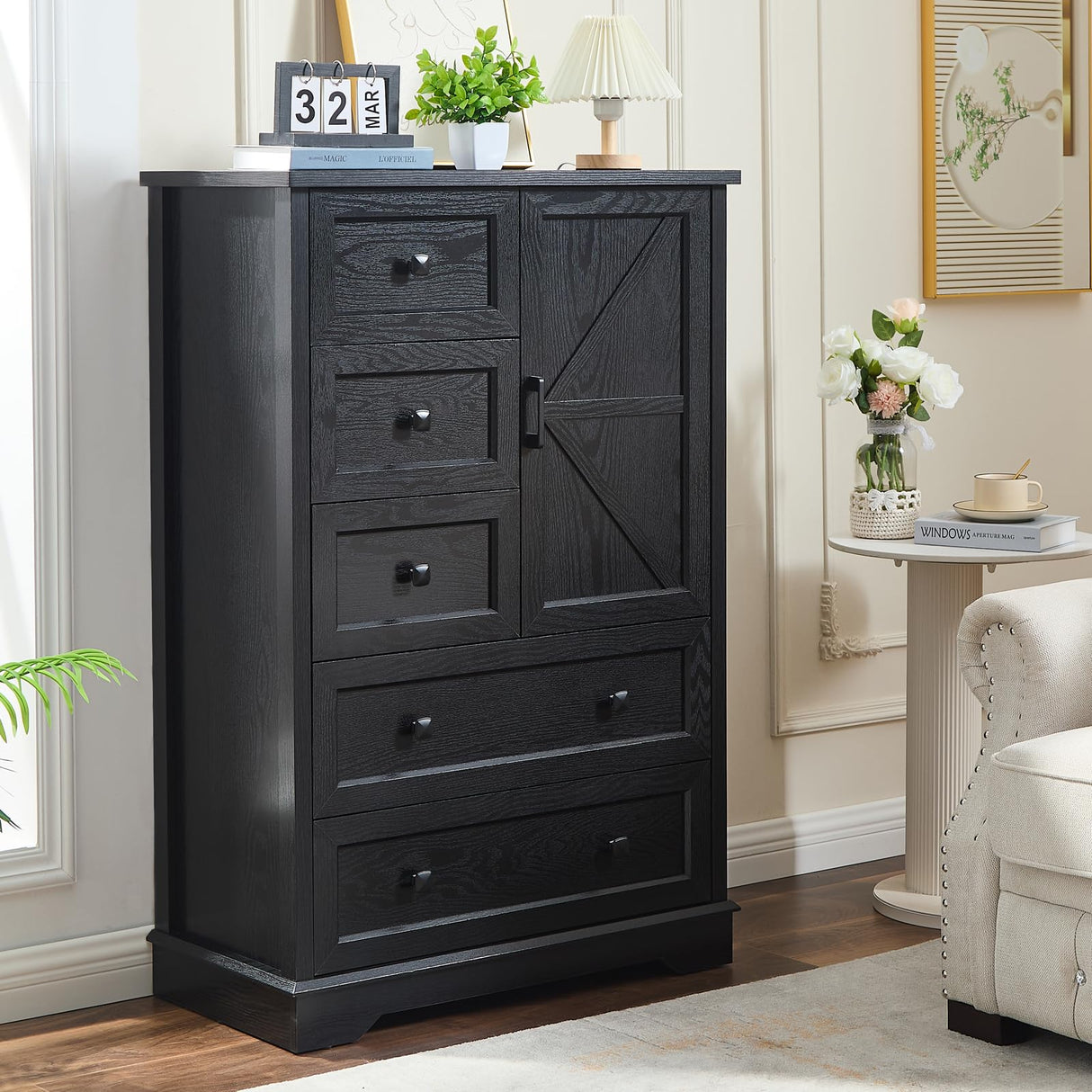 SOOWERY Dresser for Bedroom, Farmhouse Dresser with 5 Wooden Drawers and Storage Cabinet, 48 Inches Tall Chest of Drawers for Bedroom, Living Room, Hallway, Black SOOWERY