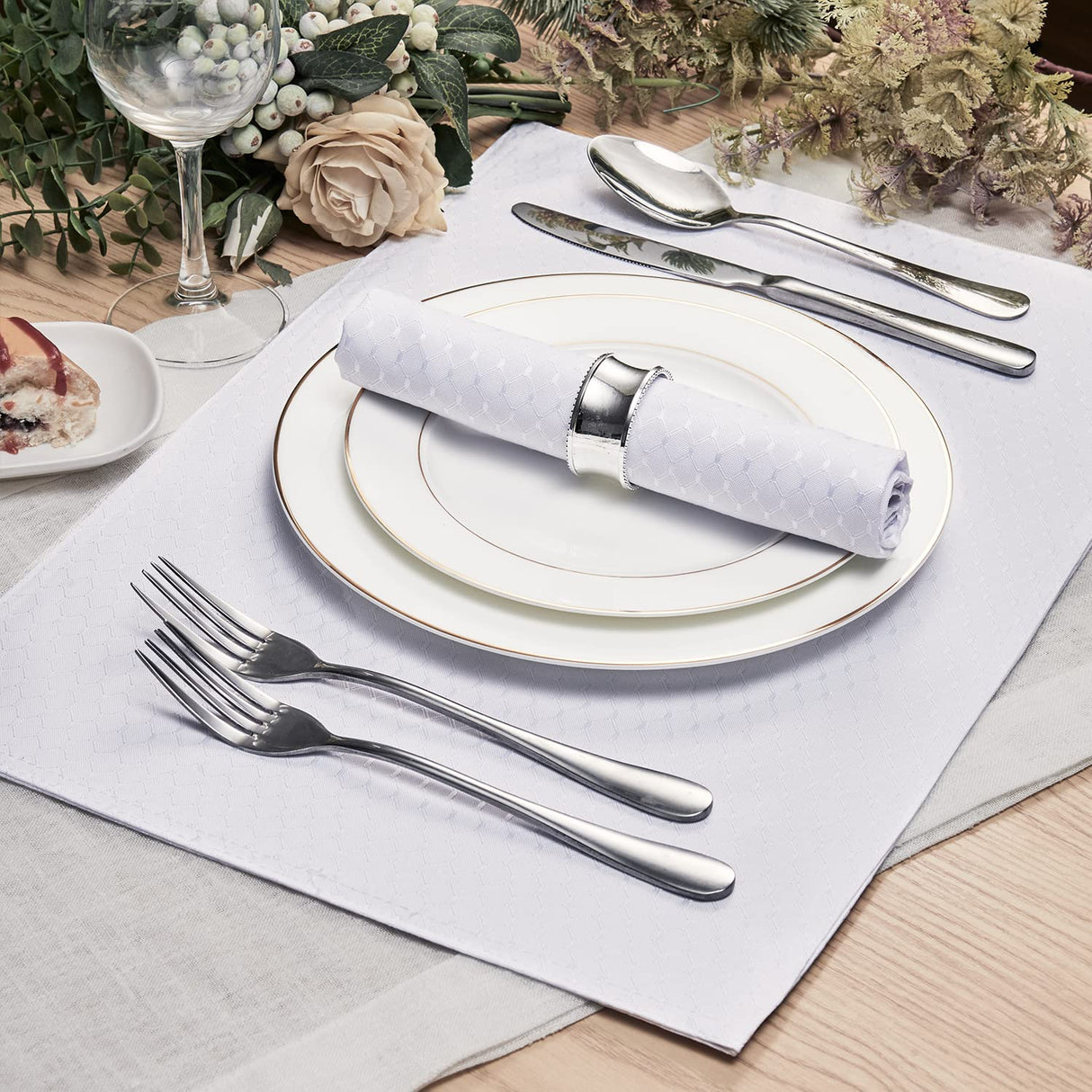 Homejoy Place Mats Set of 8 – Rectangle Rectangular Waterproof Fabric Polyester Cloth Washable Wipeable Heat Resistant Placemats for Kitchen Dining Dinner Table Indoor 13 x 19 Inch White HomeJoy