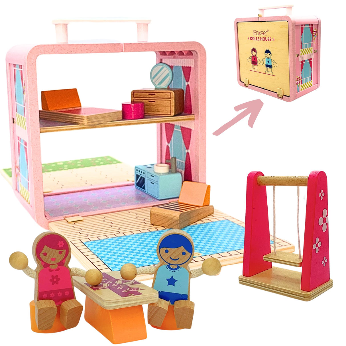 BR Play Wooden Dollhouse - Portable and Foldable Doll House with Little People Figurines & Dollhouse Accessories - Classic Preschool & Toddler Toy with Dollhouse Furniture & Pretend Swing Playset. BR Play