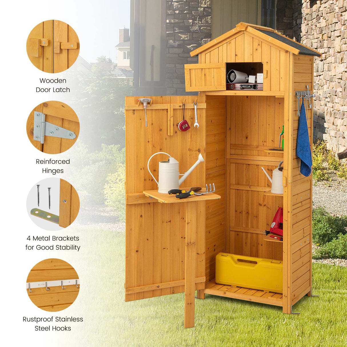 Goplus Outdoor Storage Shed, Wooden Garden Storage Cabinet with Lockable Doors, Foldable Table, Hooks, Utility Tool Organizer with Shelves, Waterproof Outside Tool Shed for Patio Backyard Lawn Goplus