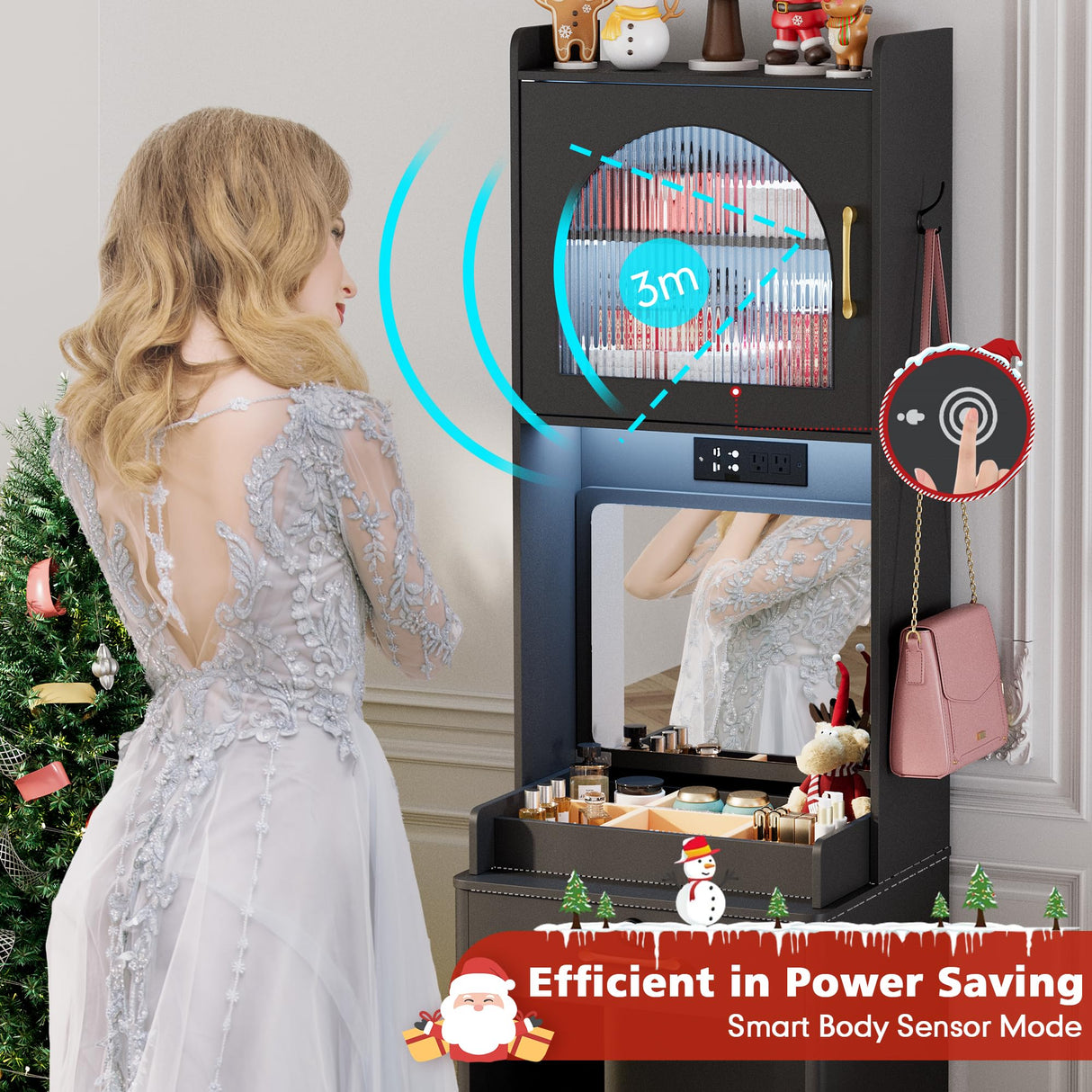 NUNU LAB 3 in 1 Vanity Desk with Mirror and Lights, Tall Makeup Vanity Set with Flip-up Mirror, Jewelry Box, Charging Station, LED Vanities Dressing Table for Small Spaces Bedroom Checkroom NUNU LAB