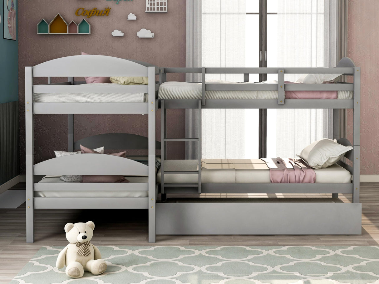 Harper & Bright Designs Quad Bunk Bed with Trundle,Twin Over Twin Bunk Bed for Kids,L-Shaped 4 Beds Bunk Bed Frame & Guardrails Corner Bunk Beds,No Box Spring Needed(Gray,L Shaped Bunk Bed) Harper & Bright Designs