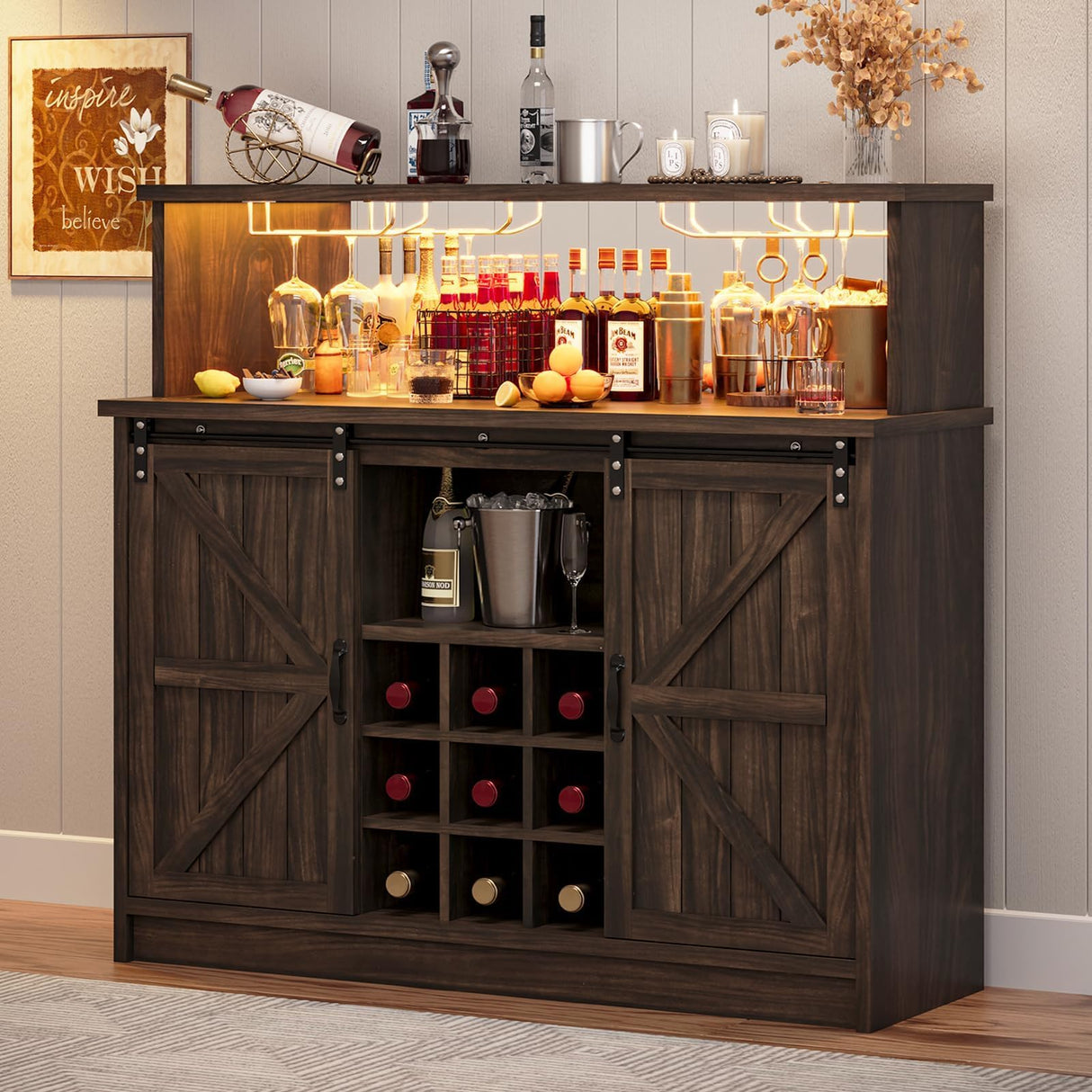 4ever2buy Farmhouse Wine Bar Cabinet with LED Light & Mirror, 47” Buffet Sideboard with 4 Glass Hooks & 9 Wine Racks, Coffee Bar Cabinet with Sliding Barn Door for Kitchen Dining Living Room, Brown 4ever2buy