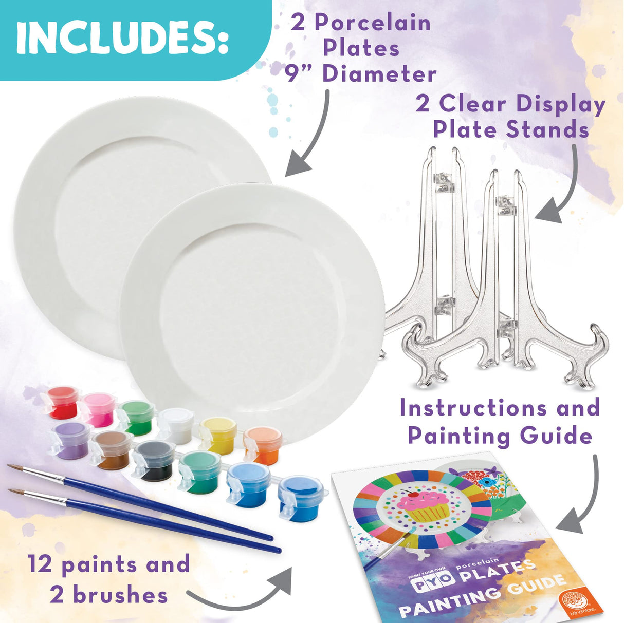 MindWare Paint Your Own Porcelain Plates - Kit Includes 2 Porcelain Plates, 12 Paints, 2 Paint Brushes, and 2 Stands MindWare