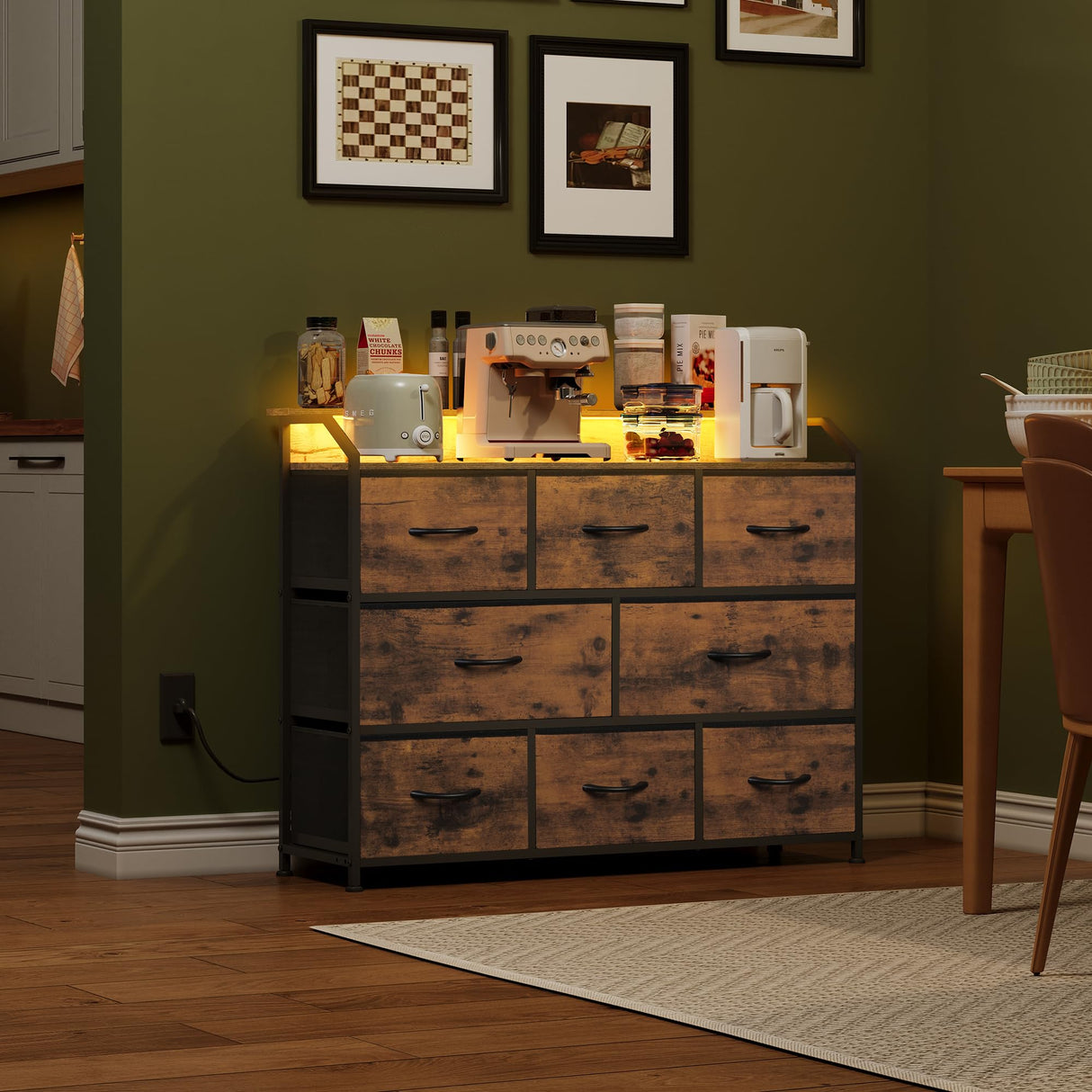 WLIVE Led Dresser for Bedroom, TV Stand for Bedroom with LED Lights and Power Outlet, Wide Chest of Drawers for Hallway, 8 Fabric Drawers for Living Room and Entryway, Rustic Brown WLIVE