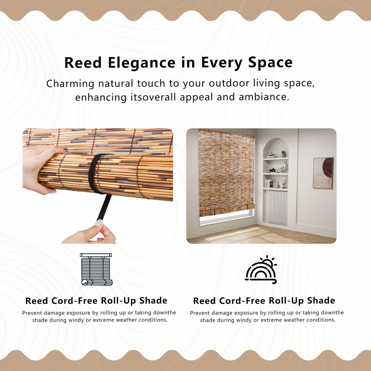 Gardgue Cordless Reed Blinds, 48" W x 72" L Bamboo Roll Up Shade, Privacy Screen Waterproof Roller Shades for Porch, Bamboo Windows Curtain for Indoor, Patio Gardgue