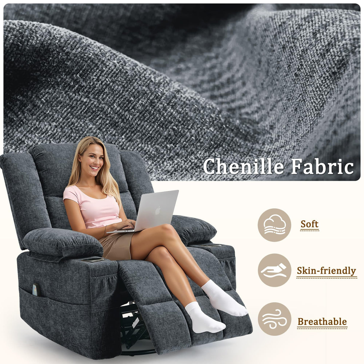 Korser 360° Swivel Rocker Recliner for Adults, Nursery Glider Recliner with Massage and Heating, Rocking Chair with Cup Holder, Manual Recliner Chair for Living Room, Bedroom (Fabric, Dark Gray) Korser