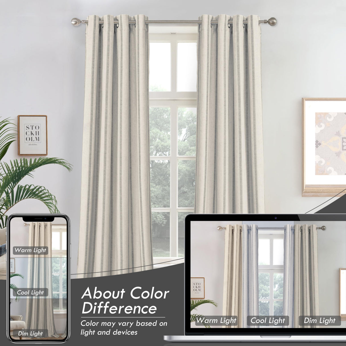 DriftAway Farmhouse Linen Blend Blackout Curtains 84 Inches Long for Bedroom Vertical Striped Printed Linen Curtains Thermal Insulated Lined Treatments for Living Room 2 Panels W52 x L84 Grey DriftAway