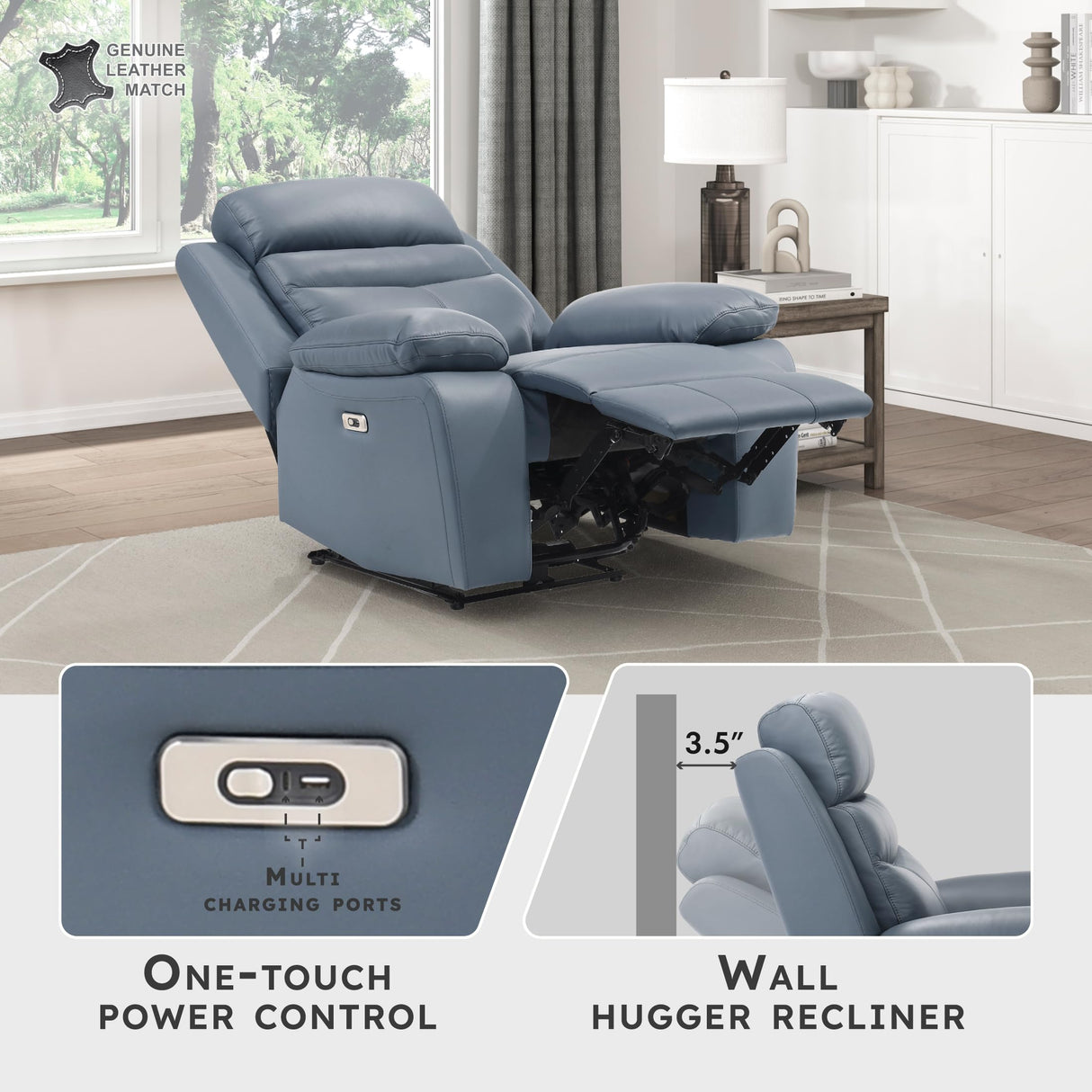 Lexicon Recliner Chair Living Room Leather Match Reclining Sofa Chair, Home Theater Seating, Wall Hugger Recliner, Power Recliner Sofa Chair for Living Room/Office/Apartment, Blue Lexicon