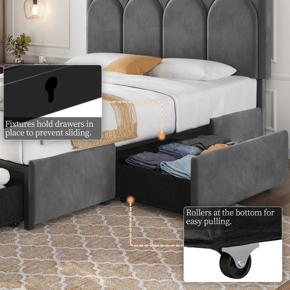 Yaheetech Full Bed Frame Upholstered Platform Bed with 4 Drawers Storage and Adjustable Headboard,Arch Channel Tufted Headboard,Sturdy Wood Slat Support,No Box Spring Needed,Dark Gray Full Bed Yaheetech