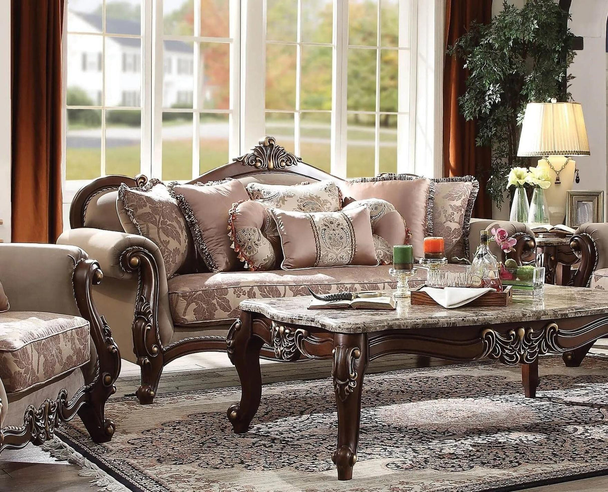 Acme Mehadi Velvet Upholstered Sofa with 8 Pillows in Walnut Acme