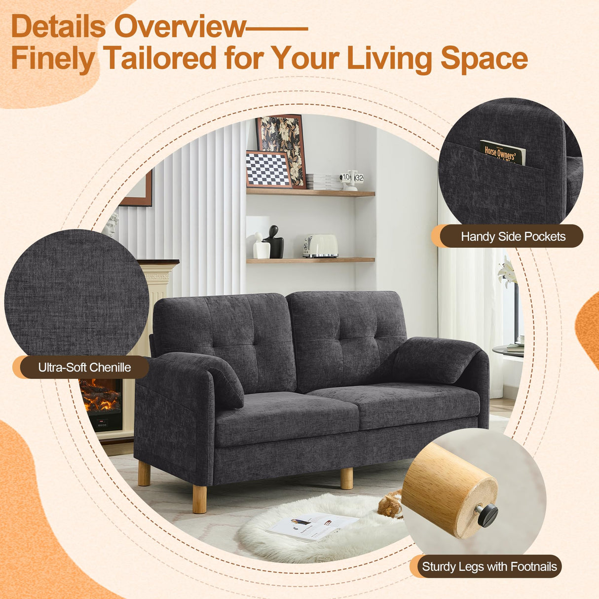 WUTUTUEE 65" Chenille Loveseat Sofa, Modern 2-Seater Love Seat Couch with Armrest Pillows, Storage Pockets, Easy Assembly, Upholstered Tufted Loveseat Couches for Living Room Bedroom, Dark Grey WUTUTUEE