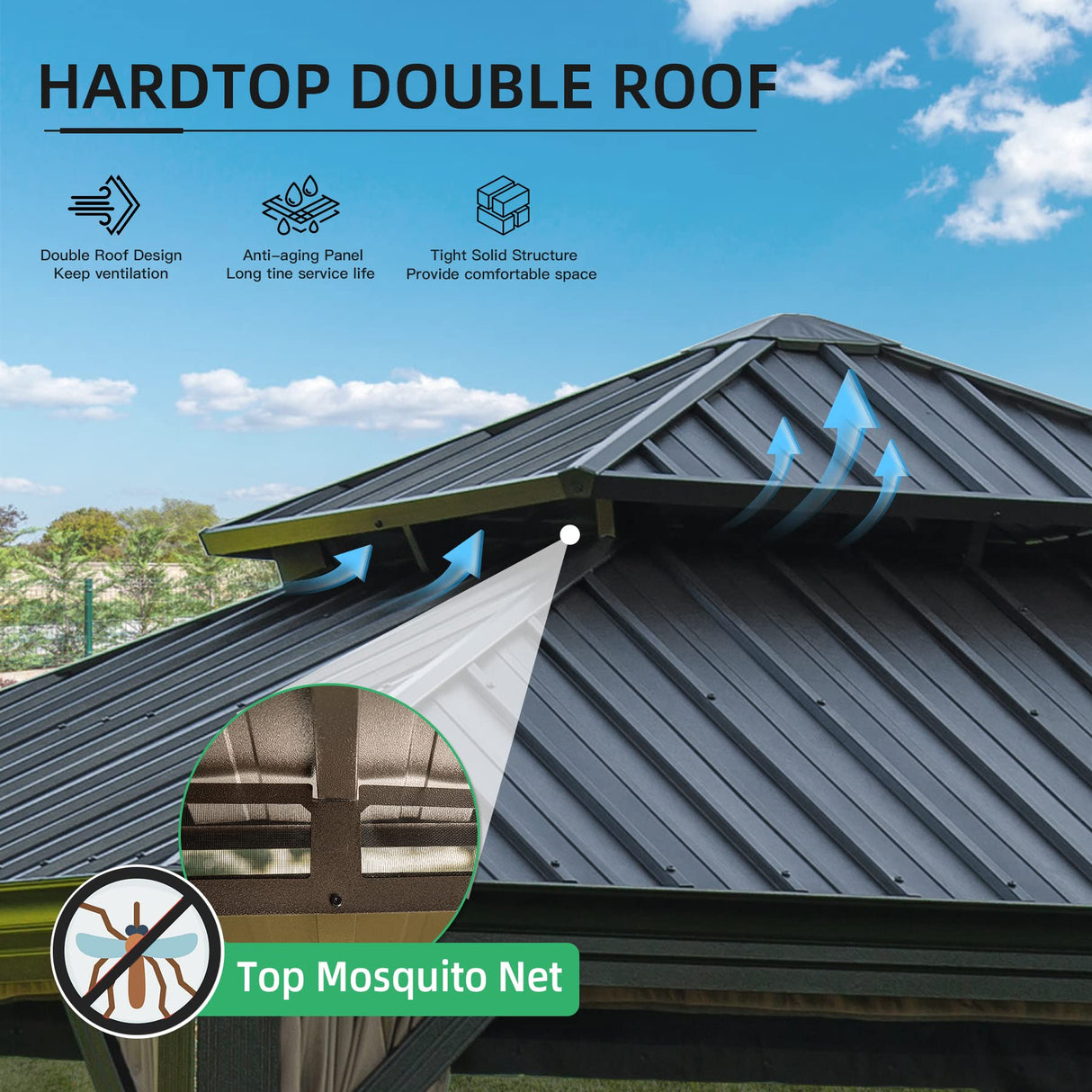 Domi 12x12FT Hardtop Gazebo with Netting & Curtains, Outdoor Aluminum Frame Gazebo with Galvanized Steel Double Roof, Outdoor Permanent Metal Pavilion for Patio Deck Lawn and Garden, Brown domi outdoor living