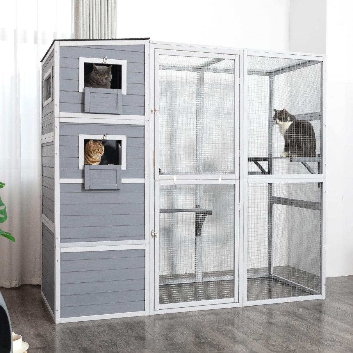 Outdoor Enclosure, 4-Tier Large Cat Catio with Weatherproof Roof, 2 Resting Rooms, 2 Platforms, Walk in Cat Cage Cat House, Wood (Grey) Nyeekoy