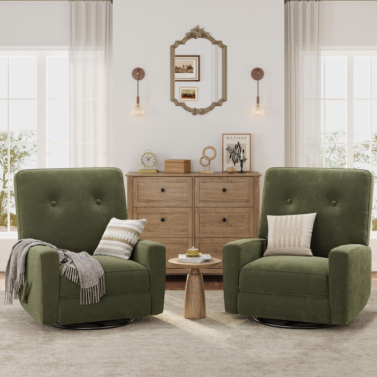 Nursery Recliner Chair, 360° Swivel Rocking Glider Chair for Adults with Adjustable Backrest & Footrest, Cozy Corduroy Upholstered Armchair for Living Rooms, Bedrooms, Apartments, Green Garvee