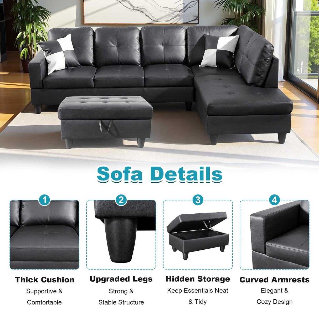 Lyngins 103.5" Oversized Sectional Couch, L Shaped Couch with Storage Ottoman, Modern Modular Sofa with Deep Seat, Sectional Couches for Living Room and Office, Jet Black (Faux Leather) Lyngins