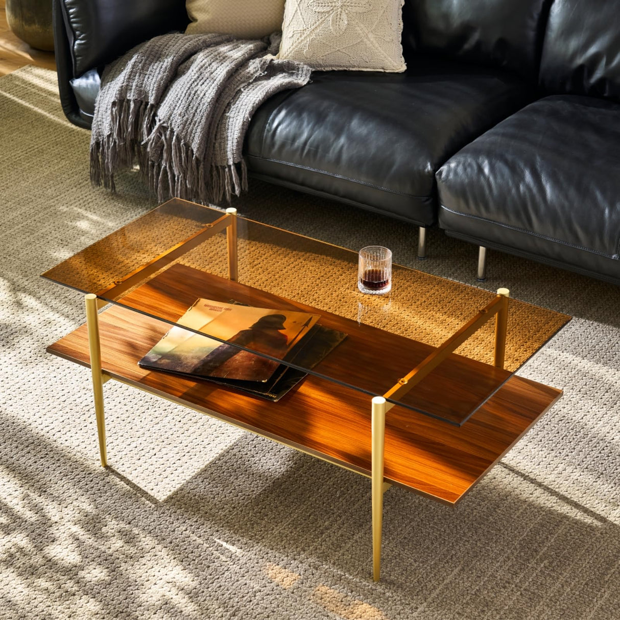 Saint Mossi Tadio Double Layer Glass Coffee Table for Living Room, Brown Glass & Coffee Brown MDF Bottom Shelf SM Saint Mossi