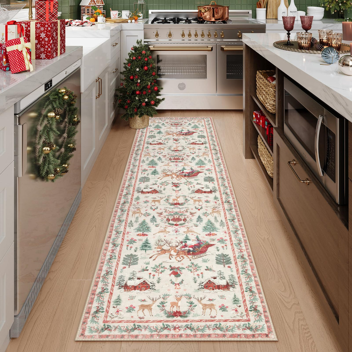 Lahome Christmas Runner Rug 2x8 Beige Rug Runners for Hallways Non Slip,Washable Kitchen Bathroom Runner Rug,Soft Christmas Tree Santa Claus Carpet Runner for Entryway Holiday Decor(2'x8',Beige) Lahome