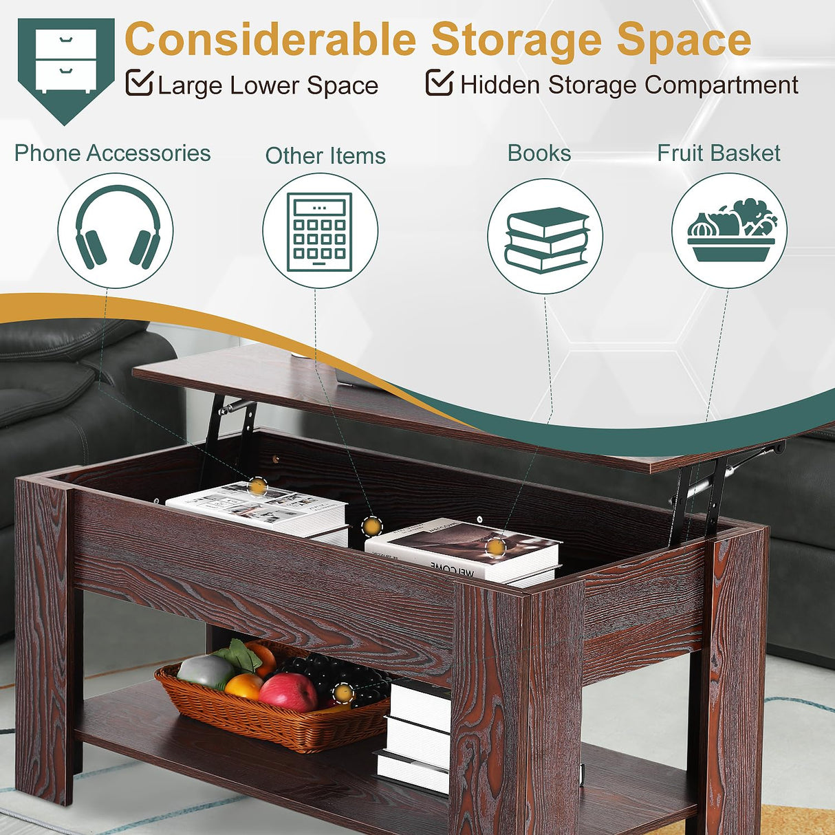 PayLessHere Coffee Table Lift Top Coffee Tables with Hidden Compartment and Storage Shelf Wooden Lift Tabletop Dining Table for Living Room Home (Espresso, 39" D x 28" W x 24" H) PayLessHere