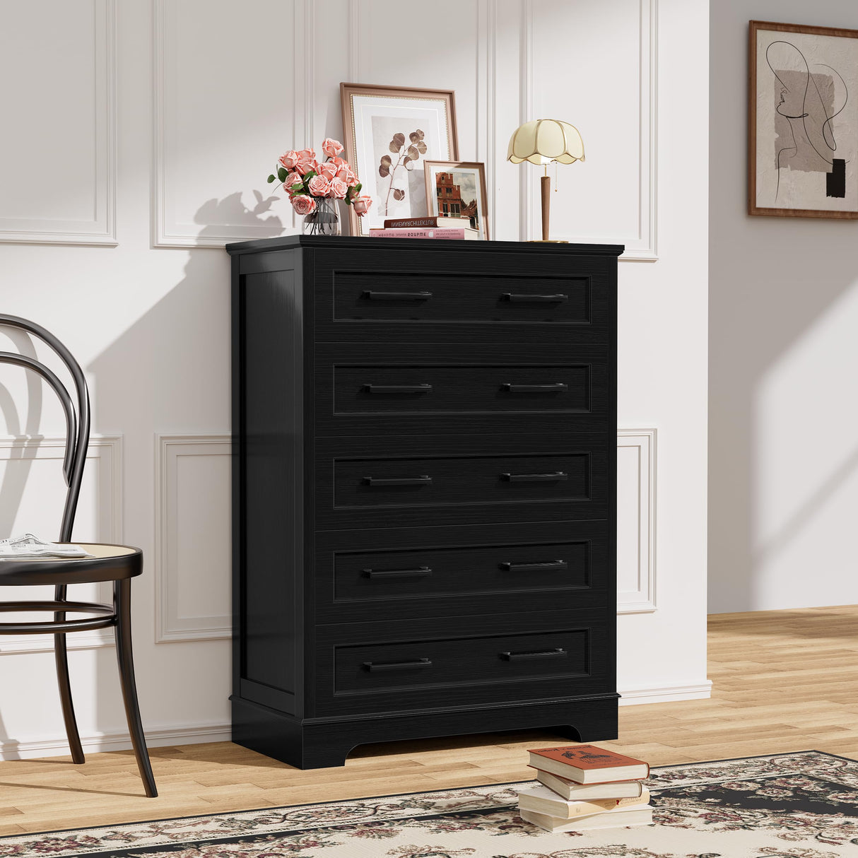 YESHOMY Tall Dresser for Bedroom,Farmhouse 5 Drawers Dresser, Chest of Drawer Chest, Multi-Tier Clothing Storage Cabinet, Black