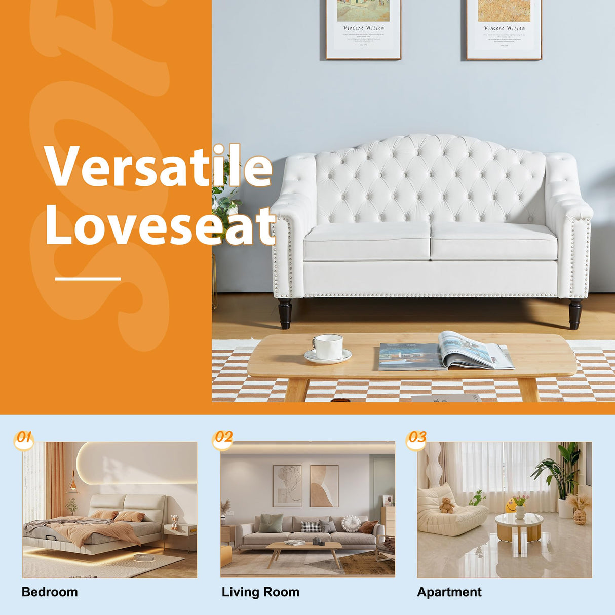 SUJOUCRAFT Chesterfield Camelback Loveseat & 3-Seater Sofa, Living Room Soft Fabric Sofa Couch Set, Mid-Century Elegant Sectional Couches with Deep Seat Tufted Backrest (Velvet-Camelback-2+3, White) SUJOUCRAFT