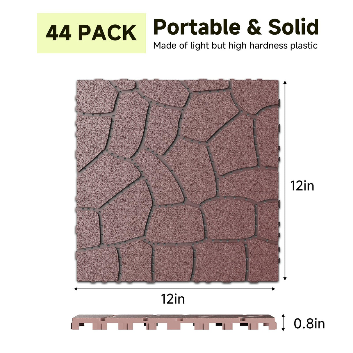 Rovibek 44 PCS Interlocking Deck Tiles, 12" X 12" Plastic Deck Tiles Outdoor Waterproof, All Weather Patio Tiles for Balcony Backyard Poolside Porch, Pavers for Outside Walkway, Stone Brown Rovibek