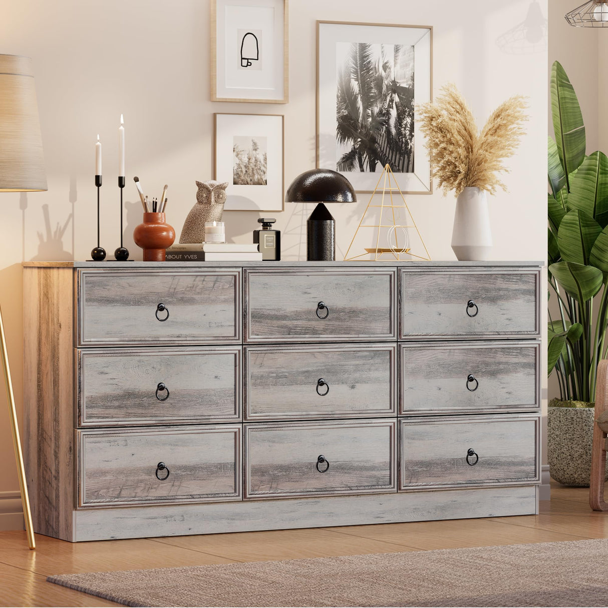 VVFLU 63”W Dresser for Bedroom Grey Dresser with 9 Wood Drawers, Dressers & Chests of Drawers with Smooth Metal Rail, Large Storage Dressers Organizer for Bedroom Living Room (Grey, 9 Drawer) VVFLU