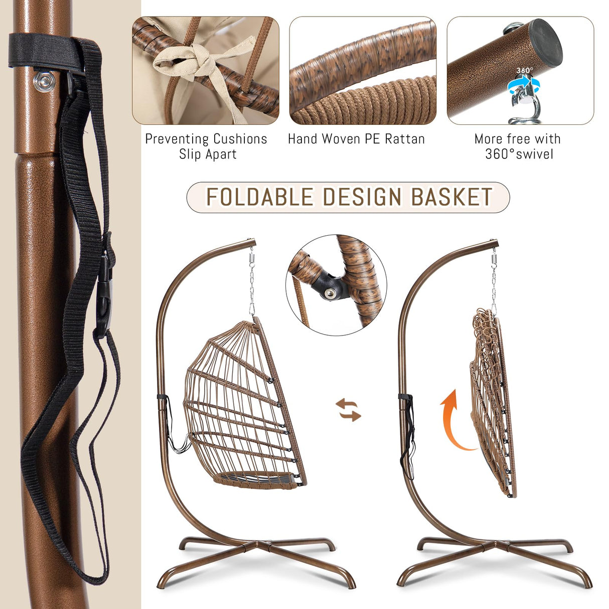 RADIATA Wicker Egg Swing Chair with Stand for Outside, Outdoor Comfy Hanging Egg Patio Chairs with Thick Cushion, 350Lbs Durable Swinging Rattan Chair for Bedroom Porch Backyard Balcony, Brown, Tan RADIATA