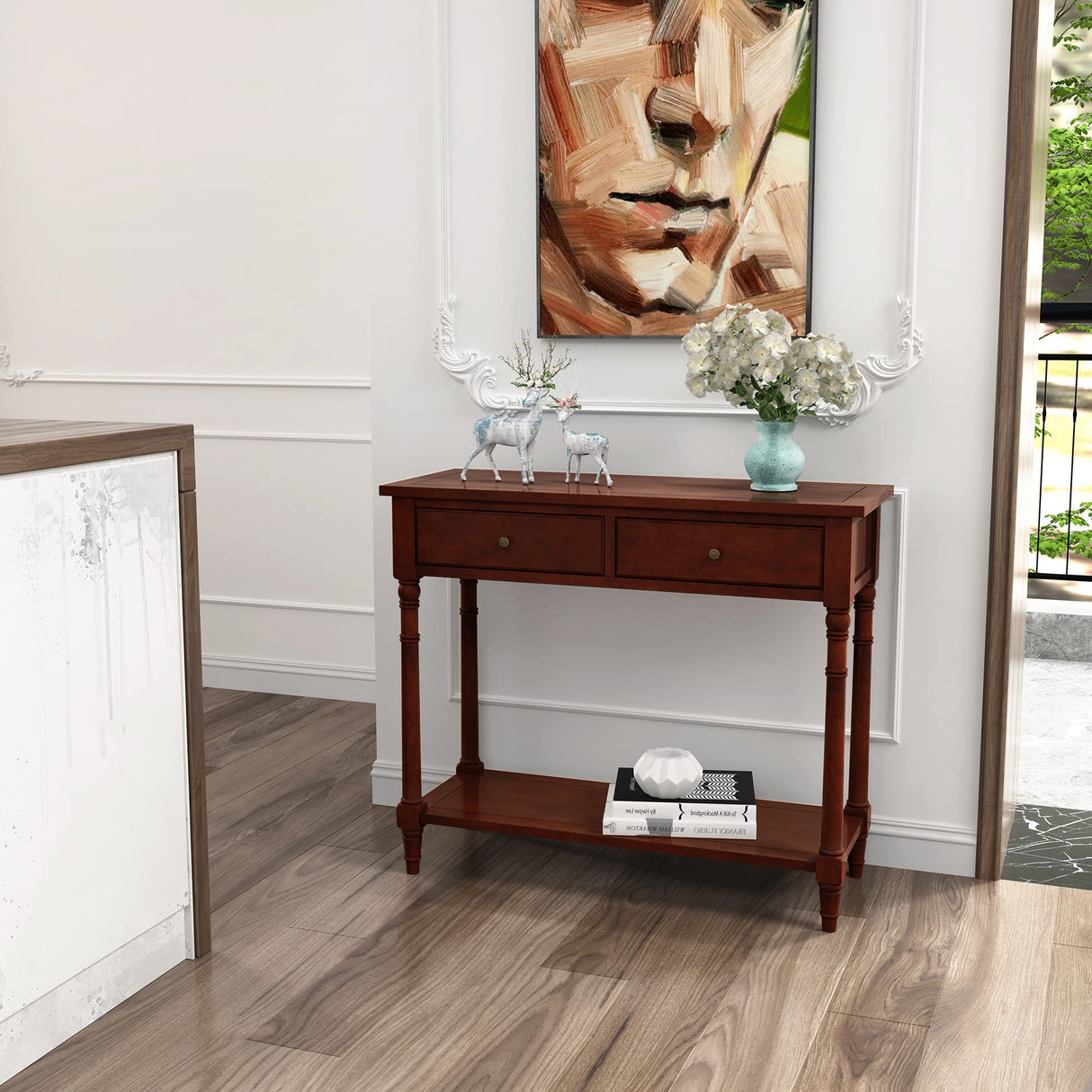 JESONVID Solid Wood Console Table with 2 Drawers, 2-Tier 35.4" X 30" Accent Sofa Table with Multilayer Storage Shelf Rustic Hall Entryway Tables for Living Room Home Office-Brown JESONVID