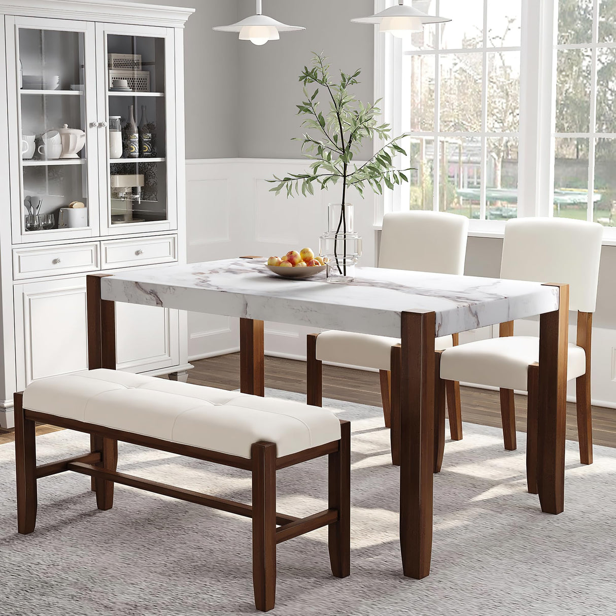 Merax 4 Piece Dining Table Set,46" Faux Marble Style Table and 2 Upholstered Chairs & Bench, 4-Person Space-Saving Dinette Set for Kitchen,Dining Room(Table+2 Chair+Bench) Merax