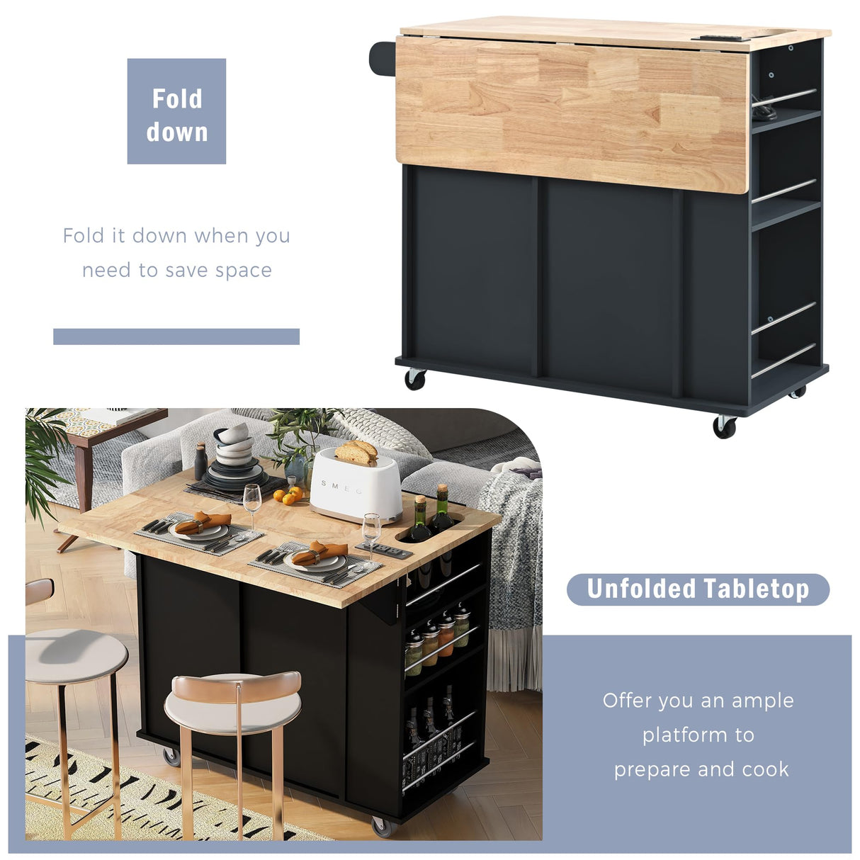LUMISOL Kitchen Island Cart on Wheels with Power Outlet, Rolling Kitchen Cart with Drop Leaf and Wine Rack, for Kitchen Living Room, Black LUMISOL