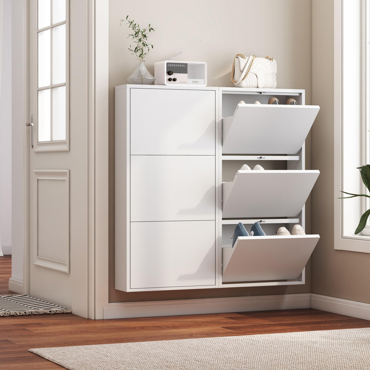 OPTYMIRA Metal Shoe Storage Cabinet with 3 Flip Drawers,White Wall Mount Slim Shoe Organizer for Entryway, Narrow Hidden Shoe Storage Rack for Hallway,Living Room, 40.98”*20”*6.69” OPTYMIRA