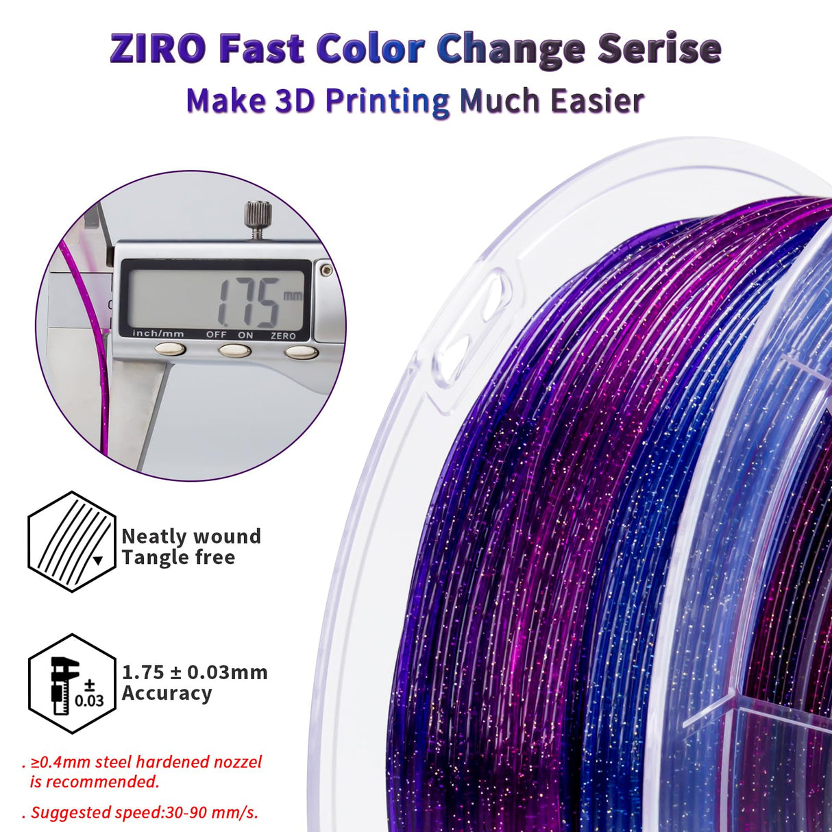 ZIRO Fast Color Changing Twinkling PLA, 1.75mm Filament, Sparkle Glitter with Colorful Transluent PLA, 3D Printing Material,1kg Spool, Dimensional Accuracy +/-0.03mm, Galaxy ZIRO